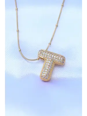  Zincirli Zirkon Taşlı T Harfli Altın  Bubble Çelik Kolye