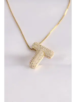  Zincirli Zirkon Taşlı T Harfli Altın  Bubble Çelik Kolye