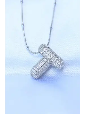  Zincirli Zirkon Taşlı T Harfli Gümüş  Bubble Çelik Kolye