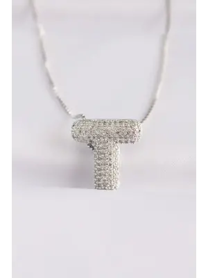  Zincirli Zirkon Taşlı T Harfli Silver  Bubble Çelik Kolye