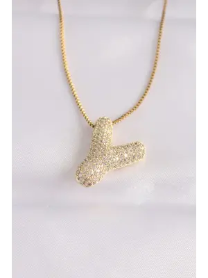  Zincirli Zirkon Taşlı Y Harfli Altın  Bubble Çelik Kolye