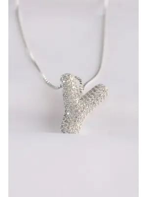  Zincirli Zirkon Taşlı Y Harfli Silver  Bubble Çelik Kolye