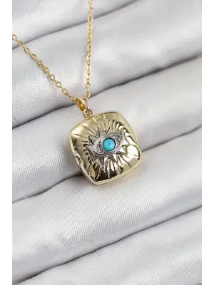 316L Çelik Zirkon Taşlı Açılabilr Kapaklı Göz Model Gold Renk Kadın Kolye