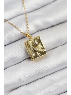 316L Çelik Zirkon Taşlı Açılabilr Kapaklı Kitap Model Gold Renk Kadın Kolye