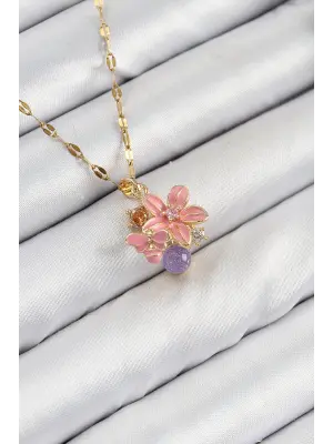 316L Çelik Zirkon Taşlı Arı Detaylı Pembe Çiçek Model Gold Renk Kadın Kolye