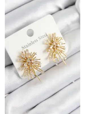 316L Çelik Zirkon Taşlı Aurora Işıltı Model Gold Renk Kadın Küpe