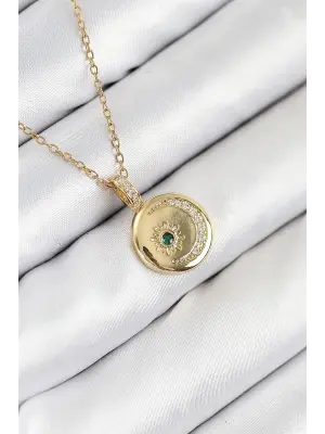 316L Çelik Zirkon Taşlı Ay Ve Güneş Model Gold Renk Kadın Kolye