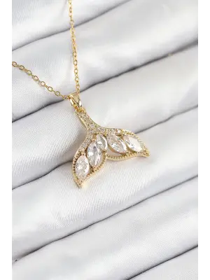 316L Çelik Zirkon Taşlı Balık Kuyruğu Model Gold Renk Kadın Kolye