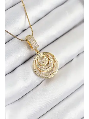 316L Çelik Zirkon Taşlı Çember Model Gold Renk Kadın Kolye