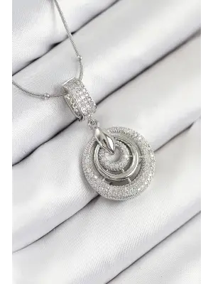 316L Çelik Zirkon Taşlı Çember Model Gümüş Renk Kadın Kolye