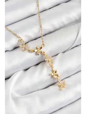 316L Çelik Zirkon Taşlı Çiçek Model Gold Renk Kadın Kolye