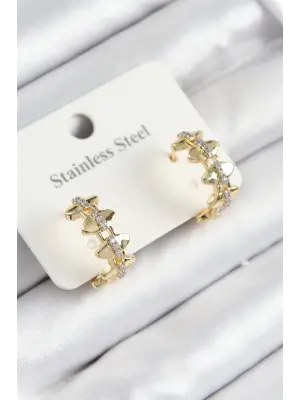 316L Çelik Zirkon Taşlı Çit Halka Model Gold Renk Kadın Küpe
