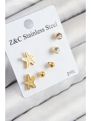 316L Çelik Zirkon Taşlı Deniz Yıldızı Model Gümüş Renk Kadın Set Küpe