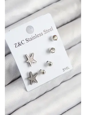 316L Çelik Zirkon Taşlı Deniz Yıldızı Model Gümüş Renk Kadın Set Küpe