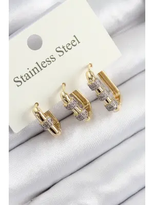 316L Çelik Zirkon Taşlı Dikdörtgen Model Gold Renk 3lü Set Kadın Küpe