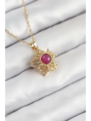 316L Çelik Zirkon Taşlı Döner Güneş Model Gold Renk Kadın Kolye