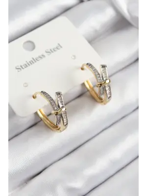 316L Çelik Zirkon Taşlı Düğüm Halka Model Gold Ve Gümüş Renk Kadın Küpe