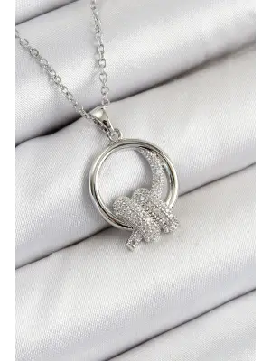 316L Çelik Zirkon Taşlı Düğüm Model Gümüş Renk Kadın Kolye