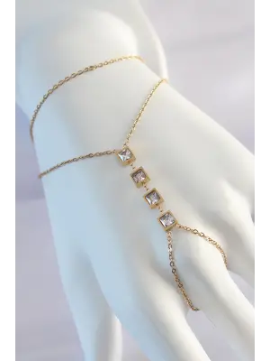 316L Çelik Zirkon Taşlı Gold Renk Minimal Kare Tasarımlı Şahmeran