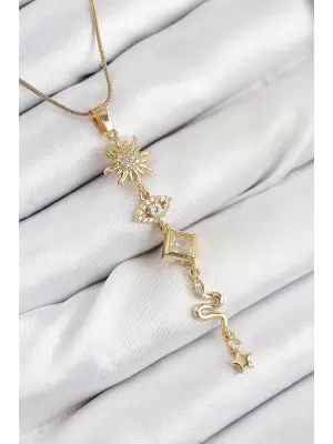 316L Çelik Zirkon Taşlı Güneş Ve Ay Enerji Model Gold Renk Kadın Kolye