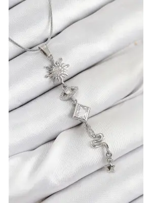 316L Çelik Zirkon Taşlı Güneş Ve Ay Enerji Model Gümüş Renk Kadın Kolye