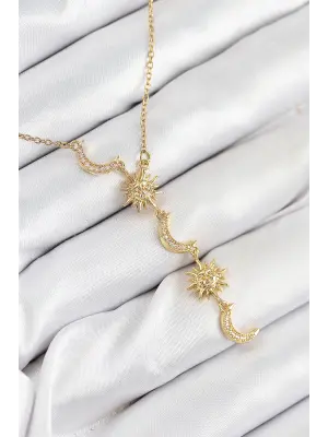 316L Çelik Zirkon Taşlı Güneş Ve Ay Model Gold Renk Kadın Kolye