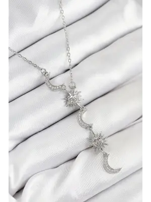 316L Çelik Zirkon Taşlı Güneş Ve Ay Model Gümüş Renk Kadın Kolye