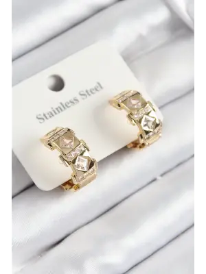 316L Çelik Zirkon Taşlı Halka Model Gold Renk Kadın Küpe