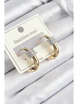 316L Çelik Zirkon Taşlı Halka Model Gold Renk Kadın Küpe