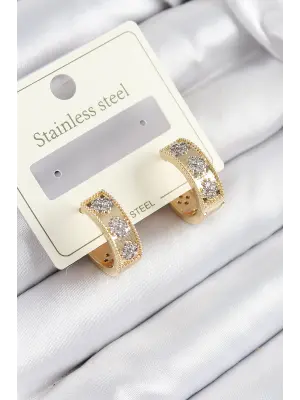 316L Çelik Zirkon Taşlı Halka Model Gold ve Gümüş Renk Kadın Küpe