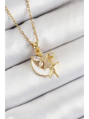316L Çelik Zirkon Taşlı Hilal Melek Model Gold Renk Kadın Kolye