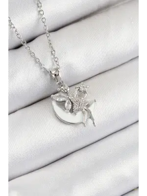 316L Çelik Zirkon Taşlı Hilal Melek Model Gümüş Renk Kadın Kolye