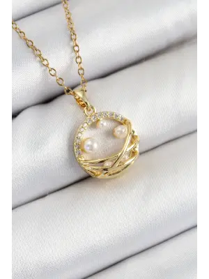 316L Çelik Zirkon Taşlı İnci Detaylı Halka Model Gold Renk Kadın Kolye