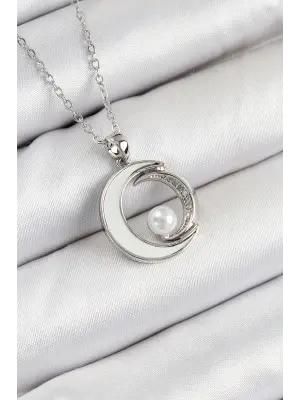 316L Çelik Zirkon Taşlı İnci Detaylı Hilal Model Gümüş Renk Kadın Kolye