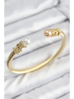 316L Çelik Zirkon Taşlı İnci Model Gold Renk Kadın Bileklik