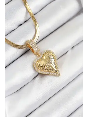 316L Çelik Zirkon Taşlı Kalp Model Gold Renk Kadın Kolye