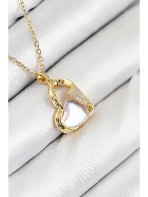 316L Çelik Zirkon Taşlı Kalp Model Gold Renk Kadın Kolye