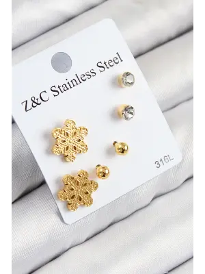 316L Çelik Zirkon Taşlı Kar Tanesi Model Gold Renk Kadın Set Küpe