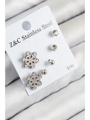 316L Çelik Zirkon Taşlı Kar Tanesi Model Gümüş Renk Kadın Set Küpe