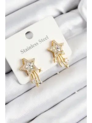 316L Çelik Zirkon Taşlı Kayan Yıldız Model Gold Renk Kadın Küpe
