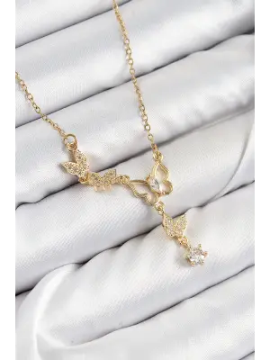 316L Çelik Zirkon Taşlı Kelebek Model Gold Renk Kadın Kolye