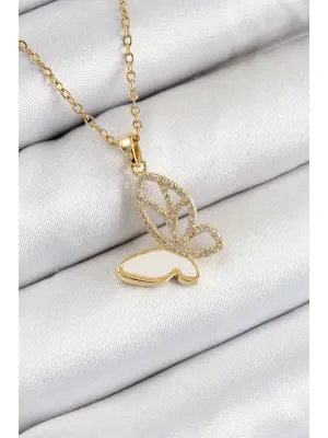 316L Çelik Zirkon Taşlı Kelebek Model Gold Renk Kadın Kolye