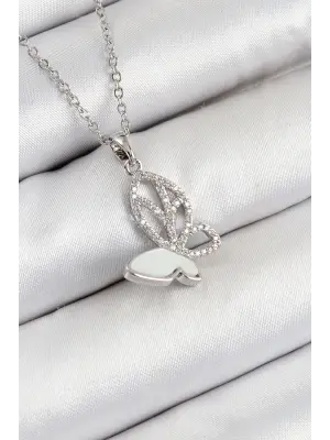 316L Çelik Zirkon Taşlı Kelebek Model Gümüş Renk Kadın Kolye