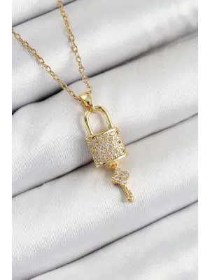316L Çelik Zirkon Taşlı Kilit Ve Sallantılı Anahtar Model Gold Renk Kadın Kolye