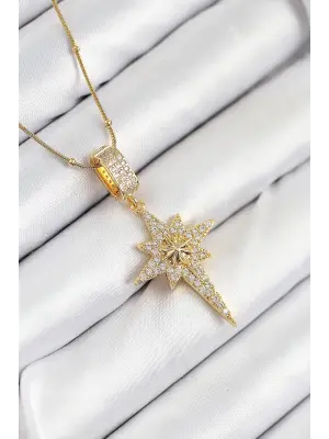 316L Çelik Zirkon Taşlı Kutup Yıldızı Model Gold Renk Kadın Kolye