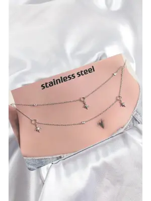 316L Çelik Zirkon Taşlı Kutup Yıldızı Model Gümüş Renk Göbek Zinciri