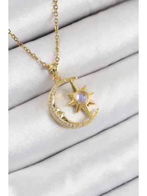 316L Çelik Zirkon Taşlı Kutup Yıldızlı Hilal Model Gold Renk Kadın Kolye