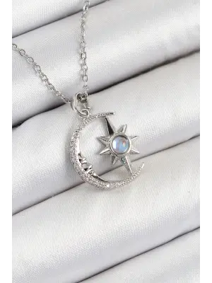 316L Çelik Zirkon Taşlı Kutup Yıldızlı Hilal Model Gümüş Renk Kadın Kolye