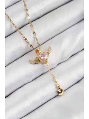 316L Çelik Zirkon Taşlı Melek Kanadı Detaylı Kalp Model Gold Renk Kadın Kolye