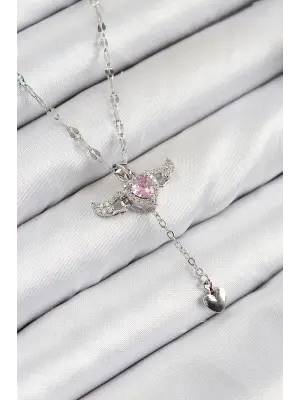 316L Çelik Zirkon Taşlı Melek Kanadı Detaylı Kalp Model Gümüş Renk Kadın Kolye